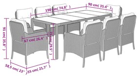 9 pcs conjunto de jantar p/ jardim c/ almofadões vime PE preto