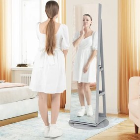 Armário giratório para joias 360° com espelho de corpo inteiro e luzes LED de 3 cores com fechadura Organizador de joias Cinzento