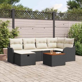 Conjunto de Sofá de Jardim de 7 Peças com Almofadas Preto Rattan Poliéster