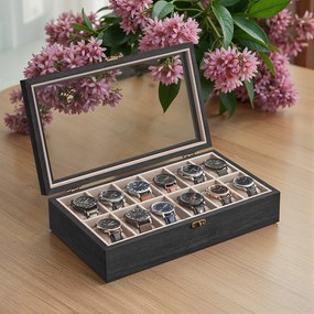 Caixa para relógios em madeira maciça 21 x 35 x 8,5 cm, com tampa de vidro e 12 compartimentos Preta