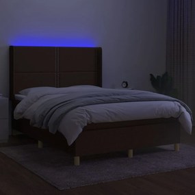 Cama box spring c/ colchão/LED 140x200cm tecido castanho-escuro