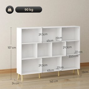 Estante para Livros com 10 Compartimentos e Pés em Madeira Maciça, 140x24x107 cm, Branco