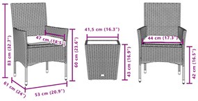 3 pcs conjunto de bistrô com almofadões vime PE/vidro bege