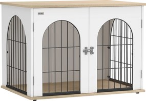 PawHut Gaiola para Cão Móvel-Gaiola para Cão de Interior Arqueada com Porta Dupla como Mesa de Apoio em Metal 80x56x59cm Branco | Aosom Portugal