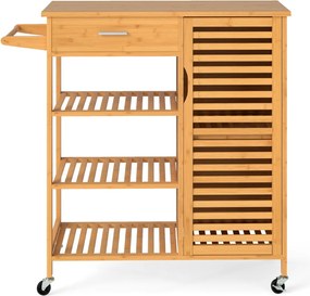 Carrito con Ruedas Carro Aparador de Bambú con Superficie Amplia Cajón 3 Estantes para Cocina y Salón 91 x 44 x 89 cm Natural