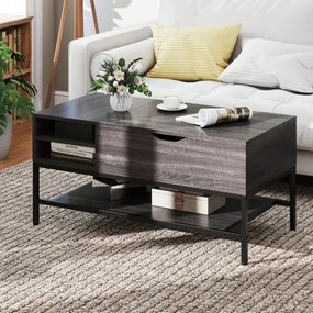 Mesa de centro elevatória 99,5 x 49,5 x 47,5 cm com compartimento oculto em madeira com prateleira de arrumação cinzenta