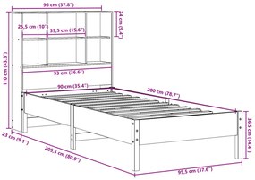 Cama com estante sem colchão 90x200 cm pinho maciço branco