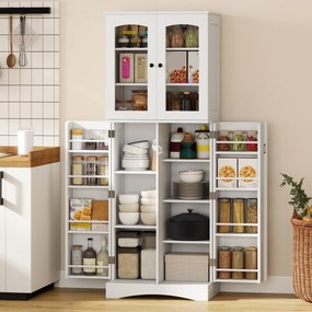 Armário de cozinha  60 x 40 x 162 cm com vitrina em acrílico, 4 portas, 10 compartimentos, 8 suportes para prateleiras, branco