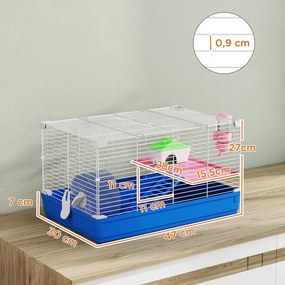 Gaiola para Hamster Casa para Roedores com Roda de Exercício Tigela Bebedouro Casinha Rampas para Gerbos 47x30x27 cm Azul