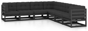 7pcs conjunto longue de jardim c/ almofadões pinho maciço preto
