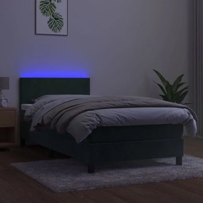 Cama box spring c/ colchão/LED 90x200 cm veludo verde-escuro