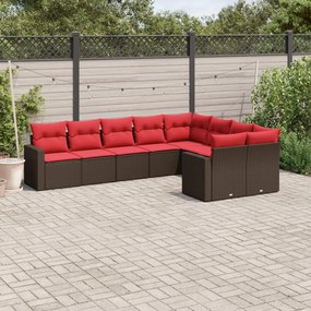 vidaXL 9 pcs conjunto sofás p/ jardim c/ almofadões vime PE castanho