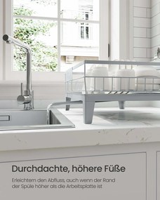 Escorredor de louça 31 x 42 x 18,5 cm com tabuleiro de recolha e suporte para talheres, cinzento