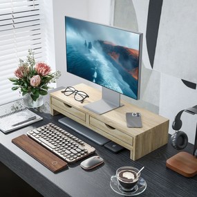 Suporte elevatório para monitor de computador de secretária, 60-116 C x 22 L x 12 A cm, com 2 gavetas, comprimento e ângulo ajustáveis cor carvalho