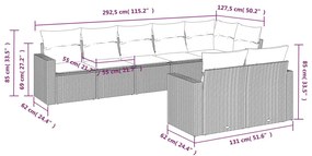8 pcs conjunto sofás de jardim c/ almofadões vime PE cinzento