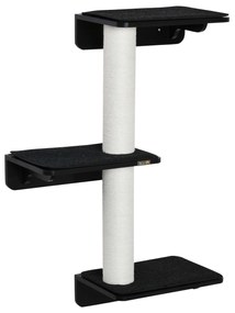 PawHut Árvore para Gatos de Parede com 3 Plataformas Almofada Removível e 2 Postes de Arranhar de Juta 63x28x93,5cm Preto e Bege