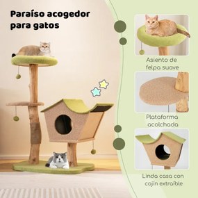 Arranhador para gatos com torre de madeira de 110 cm, com plataforma superior almofadada, com postes para arranhar e plataforma de salto verde