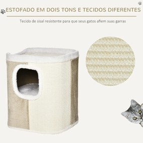 Barril Arranhador para Gatos de 2 Níveis com Caverna de Sisal Pelúcia Suave e Plataforma de Velo 40x40x49cm Bege