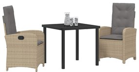 Conjunto de Jantar de Jardim 3 Peças com Almofadas Bege Rattan Poliést