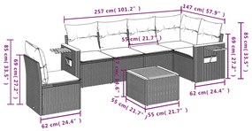7 pcs conjunto de sofás p/ jardim c/ almofadões vime PE preto