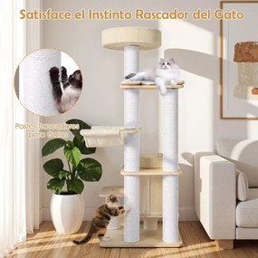 Arranhador para gatos de 151 cm com vários níveis, com poleiro acolchoado, caverna de 2 níveis, poste para arranhar e rede natural + branco