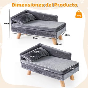Cama elevada para animais de estimação 71 x 43 x 40 cm com almofada e travesseiro removíveis, pernas de madeira e encosto alto cinza escuro