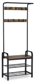 Cabideiro VASAGLE, cabideiro com banco para sapatos, design 4 em 1, com 9 ganchos removíveis, um varão para roupas, para corredor, entrada, 33,7 x 77 x 183 cm, industrial, marrom rústico e preto HSR40B