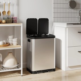 Caixote do lixo de cozinha 48,8 L x 39,5 l x 67 A cm com dois compartimentos de 2 x 30 L, com pedal em aço inoxidável e tampa com fecho suave, pratead