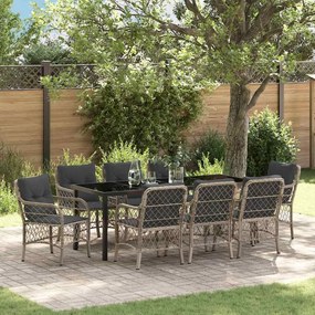 vidaXL Conjunto de Jantar de Jardim com 9 Peças e Almofadas Rattan Poliéster Cinza Claro
