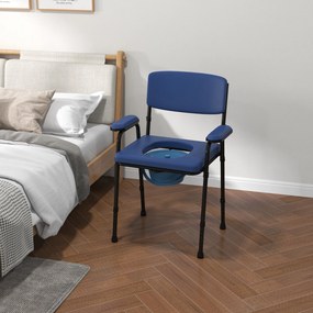 Cadeira sanitária multifunções com balde removível, altura ajustável, encosto, assento e braços almofadados, azul