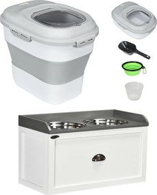 PawHut Conjunto de 1 Comedouro Elevado para Cães Grandes com 2 Tigelas de Aço Inoxidável e 1 Recipiente de Comida Branco | Aosom Portugal