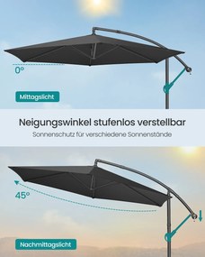 Guarda-sol de 350 cm com manivela para abrir e fechar com base cruzada, cinzento