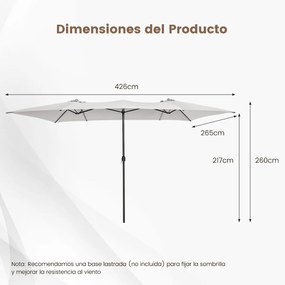 Guarda-sol Duplo 4,26 x 2,6 m com Pega Topo Ventilado Grande 10 hastes para Piscina Terraço Jardim Bege