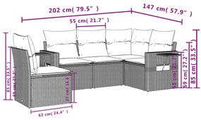 5 pcs conj. sofás jardim c/ almofadões vime PE cinzento-claro