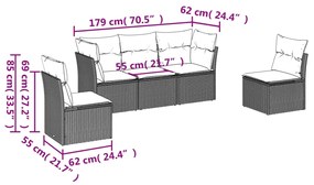 5 pcs conj. sofás jardim c/ almofadões vime PE cinzento-claro