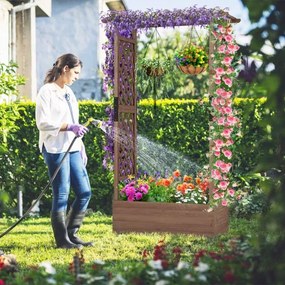 Floreira jardim elevada de madeira com treliça em arco Furo de drenagem 110 x 44 x 182 cm Castanho