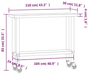 Mesa de trabalho de cozinha c/ rodas 110x30x85 cm aço inox.
