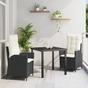 vidaXL Conjunto de Jantar de Jardim de 3 Peças com Almofadas Rattan PE Preto