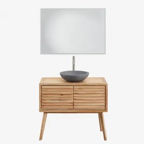Conjunto De Móvel De Casa De Banho 90x45 Cm Em Madeira Deleyna Madeira Natural & Cimento Cinzento Redondo Ø40 Cm Tarsis & Led - Sklum