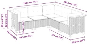 5 pcs conjunto sofás de jardim c/ almofadões vime PE cinzento