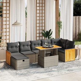 8 pcs conjunto sofás de jardim c/ almofadões vime PE cinzento