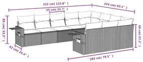 10 pcs conjunto sofás de jardim c/ almofadões vime PE cinzento