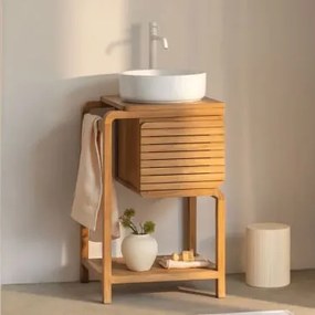 Conjunto De Móveis De Banheiro Em Madeira De Teca Bradley Cerâmica Redonda Branca Ø40 Cm Lenka & Sem Espelho & Branco - Sklum