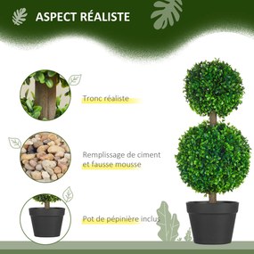 Conjunto de 2 árvores artificiais de buxo com duas esferas, incluindo tronco e vaso - altura 60 cm, verde