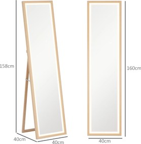 Espelho de Pé com Luz LED 40x160 cm Espelho de Corpo Inteiro com Iluminação de 3 Cores Tátil Função de Memória Madeira
