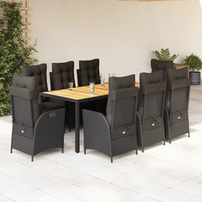 9 pcs conjunto de jantar p/ jardim c/ almofadões vime PE preto