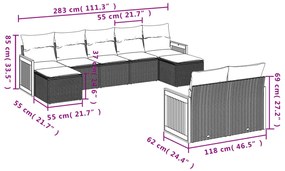 9 pcs conjunto sofás p/ jardim com almofadões vime PE cinzento