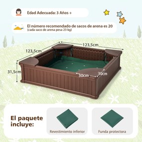 Caixa de areia infantil ao ar livre em HDPE 123,5 x 123,5 x 31,5 cm com tampa Oxford 4 assentos de canto Castanho