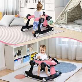 Andarilho 4 em 1 para crianças dobrável para actividades de empurrar com altura e velocidade ajustáveis Carrilhão com luzes Volante Rosa
