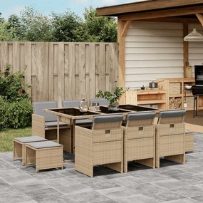 vidaXL 11 pcs conj. jantar jardim c/ almofadões vime PE bege misturado